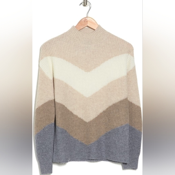 griffen Sweaters - Griffen Chevron Mock Neck Wool & Cashmere Sweater Size XL cream, tan, blue